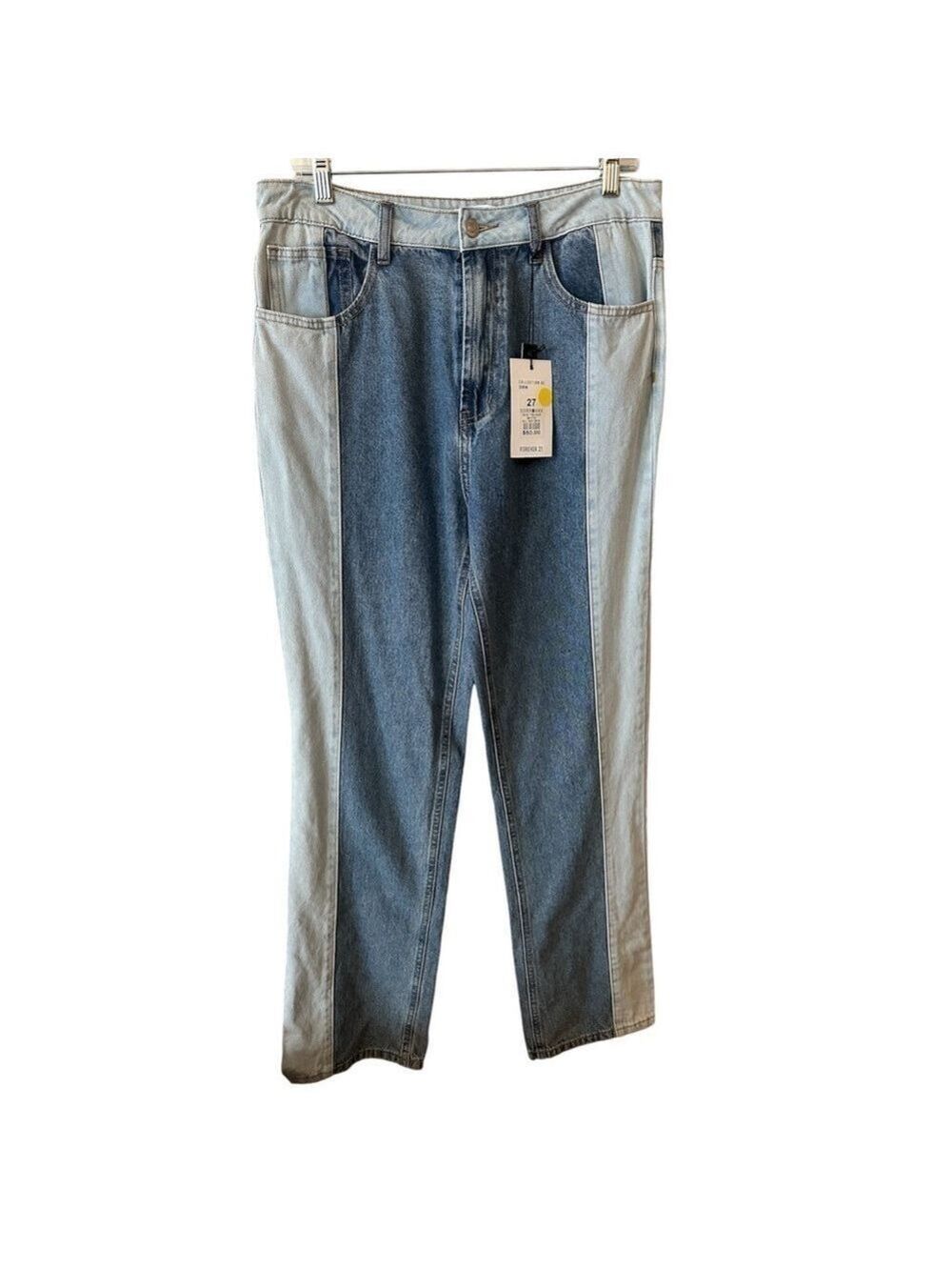 Forever 21 Two-Tone Non-Stretch Denim High Rise Straight Leg Mom Jeans